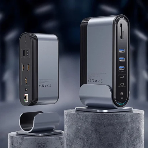 Baseus multifunkcionális HUB: 3x USB 3.2 Gen 1 / 2x USB 2.0 / 2x USB Type C / SD és micro SD kártyaolvasó / AUX / 3x HDMI / RJ45 1Gbps / Power Delivery 100W (EU / CN / UK dugók) szürke (CAHUB-DG0G) - 13