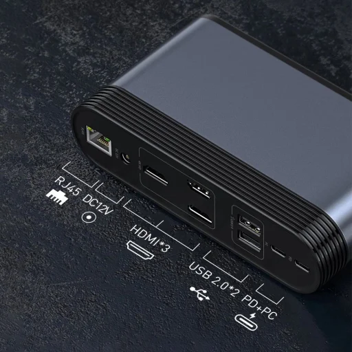 Baseus multifunkcionális HUB: 3x USB 3.2 Gen 1 / 2x USB 2.0 / 2x USB Type C / SD és micro SD kártyaolvasó / AUX / 3x HDMI / RJ45 1Gbps / Power Delivery 100W (EU / CN / UK dugók) szürke (CAHUB-DG0G) - 14