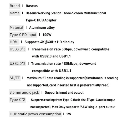 Baseus multifunkcionális HUB: 3x USB 3.2 Gen 1 / 2x USB 2.0 / 2x USB Type C / SD és micro SD kártyaolvasó / AUX / 3x HDMI / RJ45 1Gbps / Power Delivery 100W (EU / CN / UK dugók) szürke (CAHUB-DG0G) - 27