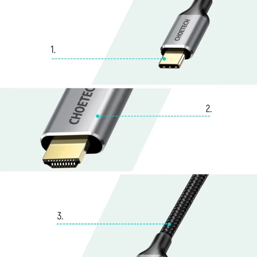 Choetech kit adapter HUB USB Type C - HDMI 2.0 (3840 x 2160 @ 60Hz) szürke (HUB-H12) + USB kábel Type C - HDMI (3840 x 2160 @ 60Hz) 2m szürke (CH0021) - 7