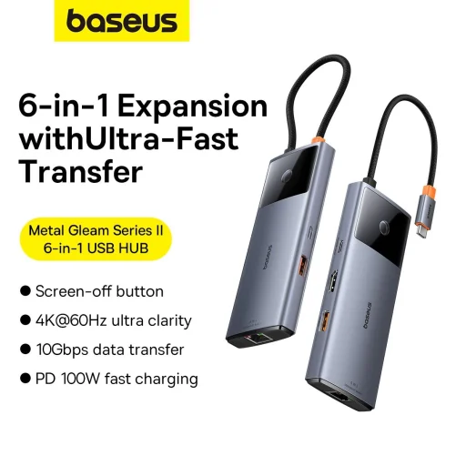 USB HUB 6in1 Baseus Metal Gleam Series II USB-A/USB-C/USB-C PD/HDMI/RJ45 - fekete - 12