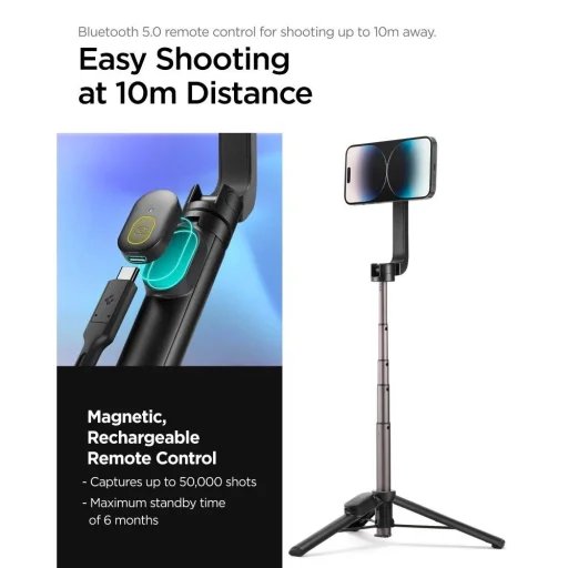 Spigen S570W selfie tyč MagSafe tripod s Bluetooth - čierna - 14