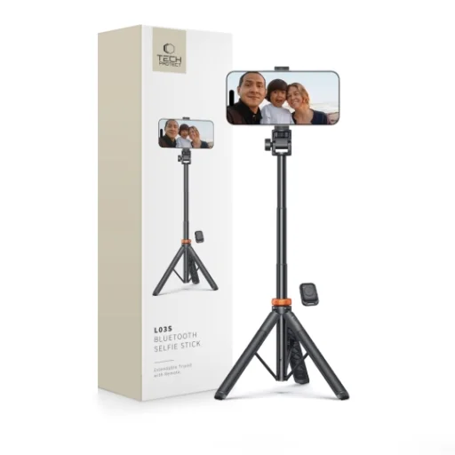 Tech-Protect L03S Bluetooth selfie bot távirányítóval, állvánnyal akár 148 cm-ig és 180°-os fejjel - fekete - 1