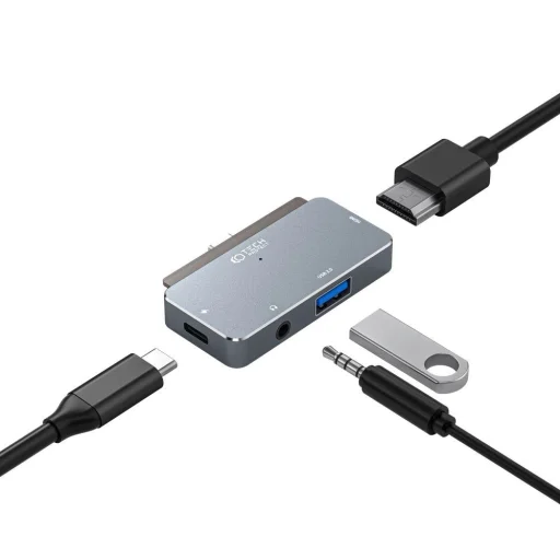 HUB Tech-Protect V6 4in1 USB-C - USB-A 3.0 / USB-C PD100W / HDMI / mini jack 3.5mm - szürke - 4
