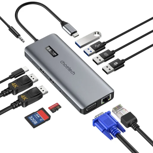 Choetech multifunkcionális HUB kijelzővel 12in1 USB-C to USB-C / USB-A / HDMI / VGA / AUX / SD / TF szürke (HUB-M26) - 2
