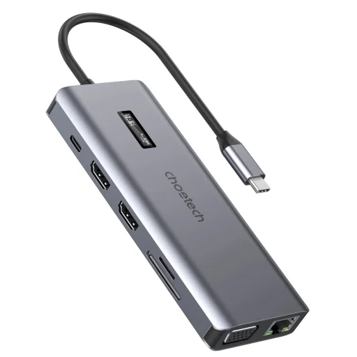 Choetech multifunkcionális HUB kijelzővel 12in1 USB-C to USB-C / USB-A / HDMI / VGA / AUX / SD / TF szürke (HUB-M26) - 1