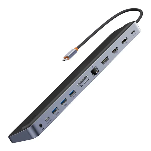 Baseus EliteJoy Gen2 univerzális USB HUB 12 az 1-ben USB-C kábellel 25cm notebook állvány USB-A / USB-C / DP / HDMI / SD / TF / RJ45 / 3.5mm jack / PD 100W szürke (WKSX030213) - 2
