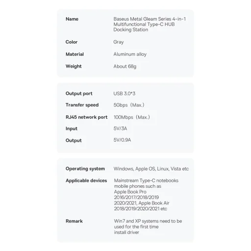 Baseus Metal Gleam Series HUB 4 az 1-ben USB Type C - 3 x USB 3.2 Gen. 1 / RJ45 (WKWG070113) - 20