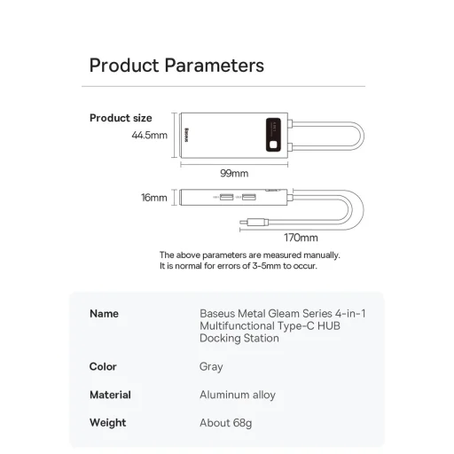 Baseus Metal Gleam Series HUB 4 az 1-ben USB Type C - 3 x USB 3.2 Gen. 1 / RJ45 (WKWG070113) - 21
