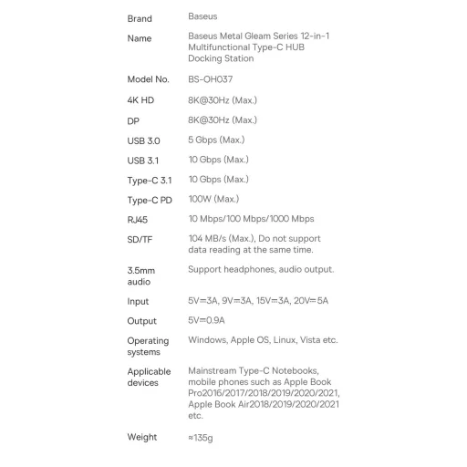 Baseus Metal Gleam multifunkcionális HUB USB Type C 12-az-1-ben HDMI / DP / USB Type C / minijack 3,5mm / RJ45 / SD (WKWG020213) - 24