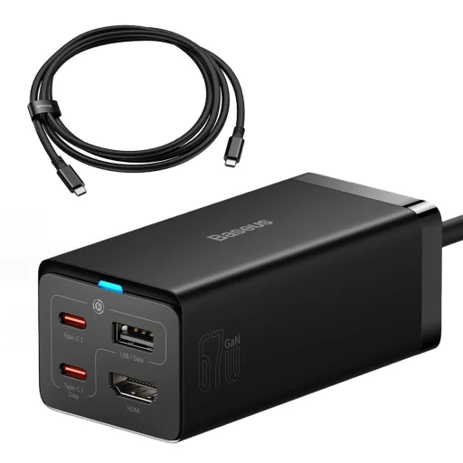 Baseus gyors töltő GaN5 Pro HUB HDMI 2 x USB-C / USB-A / HDMI 4K 30Hz 1.5m fekete + USB-C kábel - USB-C 100W 40Gb/s (USB4) 1m (CCGP110201) - 1