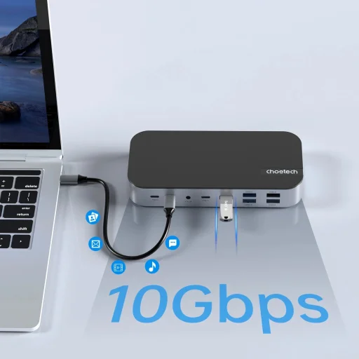 HUB Choetech M52 USB-C - USB-C PD/USB-C/USB-A/HDMI/VGA/DP/SD/TF/RJ45/AUX - szürke - 7