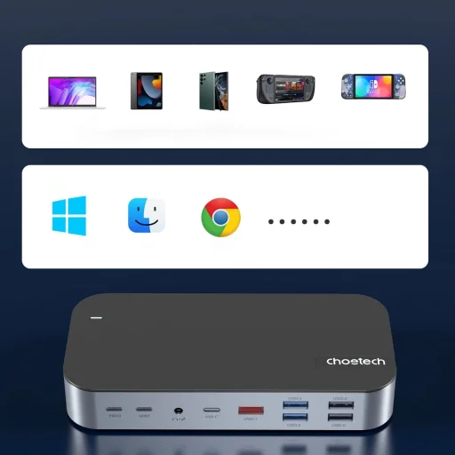 HUB Choetech M52 USB-C - USB-C PD/USB-C/USB-A/HDMI/VGA/DP/SD/TF/RJ45/AUX - szürke - 9