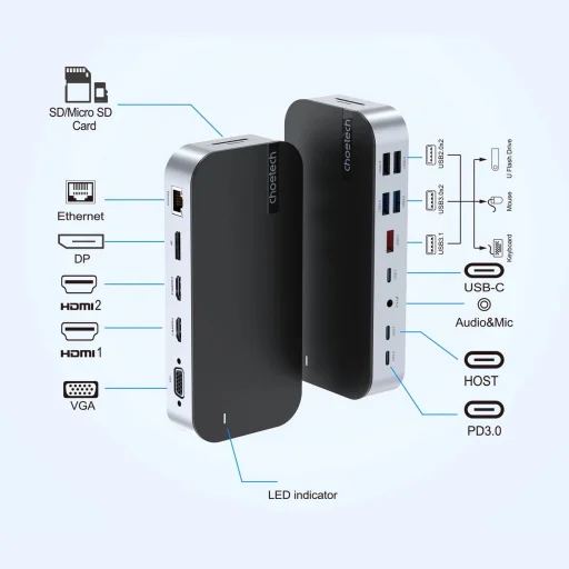 HUB Choetech M52 USB-C - USB-C PD/USB-C/USB-A/HDMI/VGA/DP/SD/TF/RJ45/AUX - szürke - 12