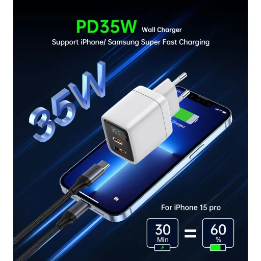 Choetech PD6052 USB-C USB-A PD 35W GaN hálózati töltő kijelzővel - fehér - 5