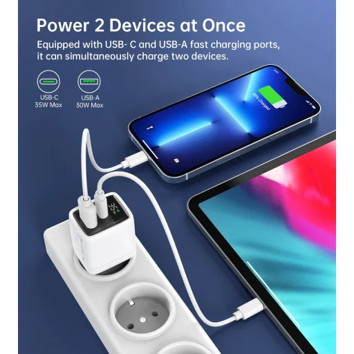 Choetech PD6052 USB-C USB-A PD 35W GaN hálózati töltő kijelzővel - fehér - 6
