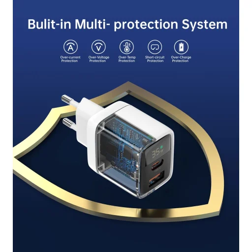 Choetech PD6052 USB-C USB-A PD 35W GaN hálózati töltő kijelzővel - fehér - 8