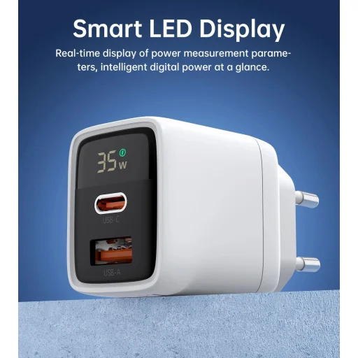 Choetech PD6052 USB-C USB-A PD 35W GaN hálózati töltő kijelzővel - fehér - 9