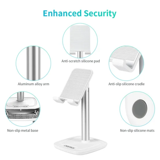 Choetech H035 alumínium állvány telefonhoz vagy tablethez állítható dőlésszöggel - fehér és ezüst - 4
