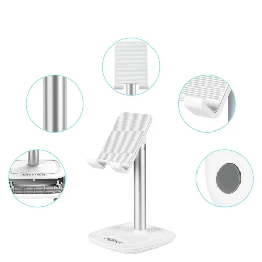 Choetech H035 alumínium állvány telefonhoz vagy tablethez állítható dőlésszöggel - fehér és ezüst - 23