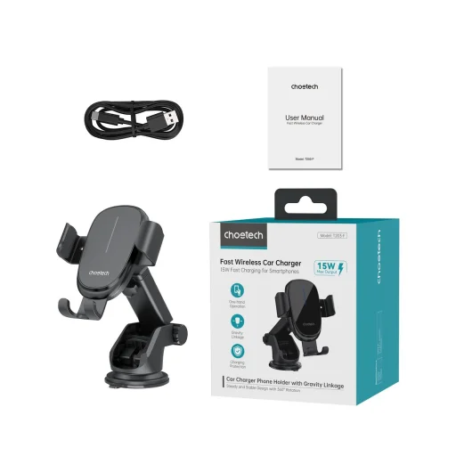 Choetech T203-F gravitációs autós telefontartó 15W induktív töltővel műszerfalra - fekete - 3