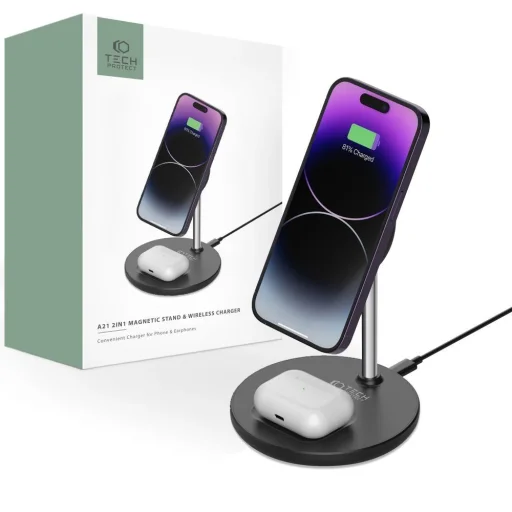 Tech-Protect QI15W-A21 induktív MagSafe 15W töltőállomás 2 az 1-ben állvánnyal okostelefonokhoz / fejhallgatókhoz - fekete - 1