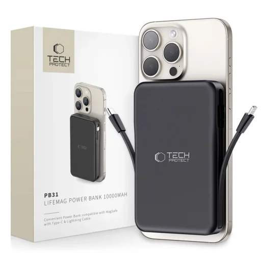 Tech-Protect LifeMag PB31 Powerbank MagSafe kompatibilis 10000mAh 15W USB-C / USB-A / beépített USB-C / Lightning kábelek - fekete - 1