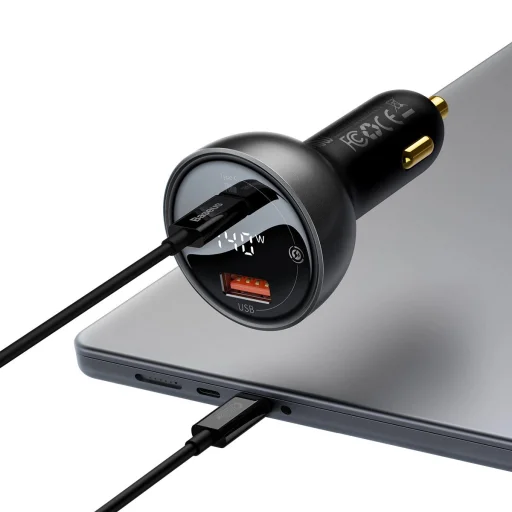 Baseus Digitális Kijelzős Gyors Autós Töltő USB-A / USB-C PD3.1 140W fekete + USB-C kábel Baseus Superior Series 5A 240W 1m fekete - 4