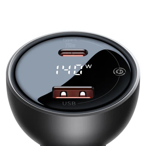 Baseus Digitális Kijelzős Gyors Autós Töltő USB-A / USB-C PD3.1 140W fekete + USB-C kábel Baseus Superior Series 5A 240W 1m fekete - 6