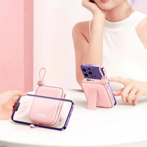 Joyroom power bank USB C és Lightning kábelekkel és állvánnyal Cutie Series 10000mAh 22,5W rózsaszín (JR-L008) - 14