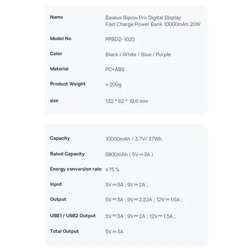 Baseus Bipow Pro Power Bank 10000mAh 20W Lila USB Type A - USB Type C 3A 0.3m Kábel (PPBD040205) - 22