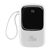 Baseus Qpow digitális kijelzős power bank gyors töltéssel 20000mAh 20W QC/PD/SCP/FCP beépített Lightning kábellel Fehér