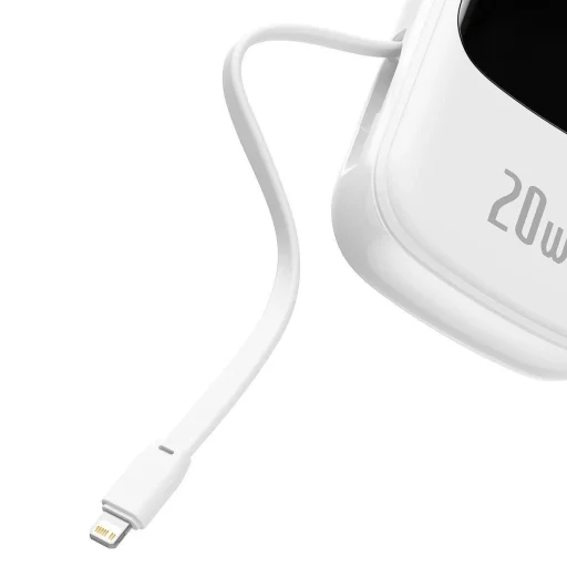 Baseus Qpow digitális kijelzős power bank gyors töltéssel 20000mAh 20W QC/PD/SCP/FCP beépített Lightning kábellel Fehér - 6