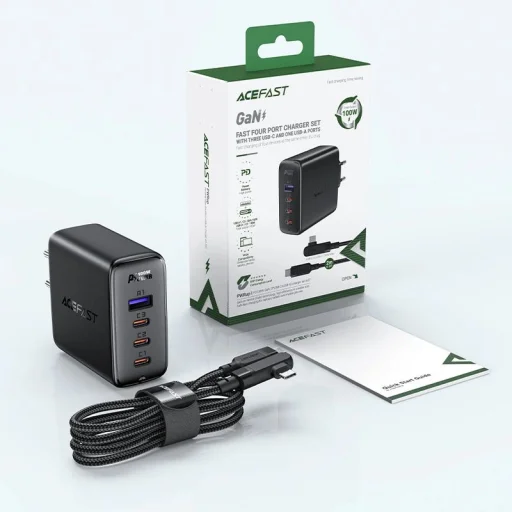 Acefast gyorstöltő GaN 3xUSB-C/1xUSB-A 100W fekete + szögletes USB-C - USB-C 100W 2m fekete - 7