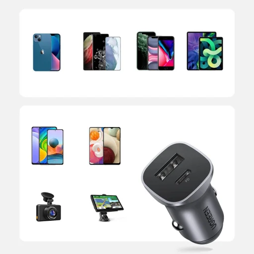 Ugreen gyors autós töltő USB-A / USB-C 30W PD PPS szürke (CD130) - 16