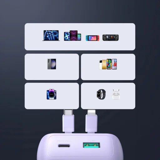 Joyroom JR-PBC06 mini powerbank beépített USB-C / Lightning kábelekkel 30W 10000mAh - lila - 12