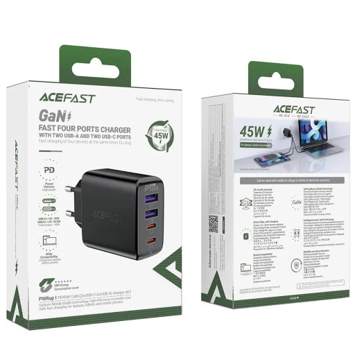 Acefast A61 PD 45W GaN hálózati töltő 2 x USB-C + 2 x USB-A, 4 portos - fekete - 5