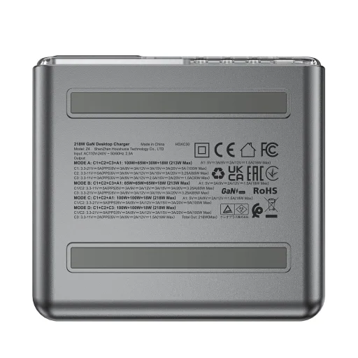 Acefast Z4 PD 218W GaN 3 x USB-C + USB-A Multifunkciós Adapter 4 Porttal - Szürke - 7