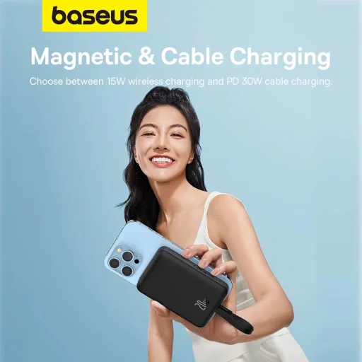 Baseus Magnetic Mini MagSafe 10000mAh 20W powerbank beépített Lightning kábellel - fekete + Baseus Simple Series USB-C - USB-C 60W 0.3m kábel - 11