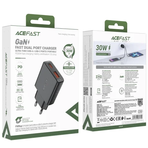 Acefast A69 PD 30W GaN USB-A USB-C fali töltő - fekete - 7