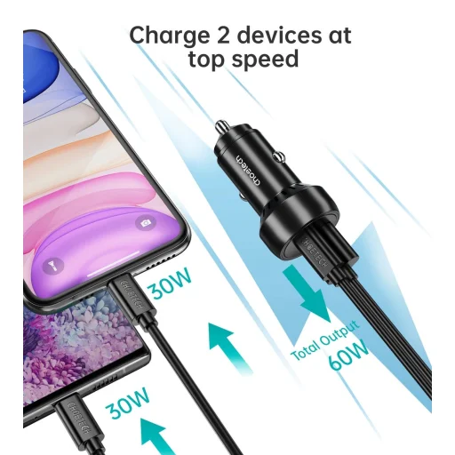 Choetech TC0014 USB-C USB-A PD 60W autós töltő LED háttérvilágítással - fekete - 9