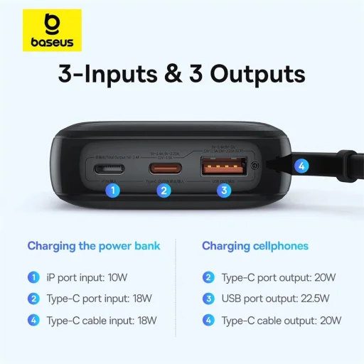 Baseus Qpow Pro+ 10000mAh 22.5W powerbank beépített USB-C kábellel és kijelzővel - fekete - 14