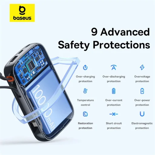 Baseus Qpow Pro+ 10000mAh 22.5W powerbank beépített USB-C kábellel és kijelzővel - fekete - 10