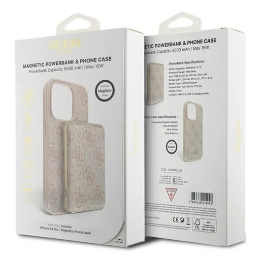 Guess 4G Fém Logo készlet iPhone 14 Pro tok + 5000mAh MagSafe akkumulátor - rózsaszín tok - 11
