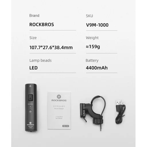 Rockbros V9M-1000 predné svetlo na bicykel 1000lm - čierne - 9