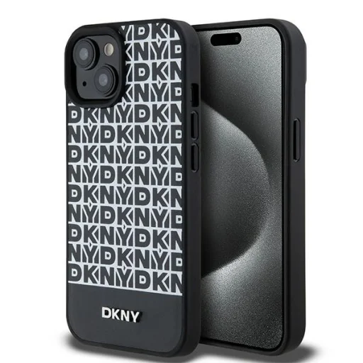 Eredeti DKNY bőrmintás mintás fém logós MagSafe kemény tok iPhone 15 fekete DKHMP15SPSOSPK - 1