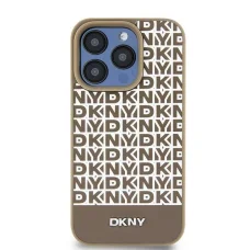 Eredeti DKNY kemény bőr tok nyomtatott minta fém logóval MagSafe DKHMP15SPSOSPW iPhone 15 barna
