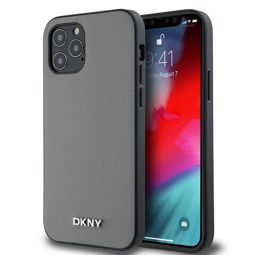 DKNY PU bőrből készült ezüst fém logós Magsafe tok iPhone 12/12 Pro szürke tok - 1