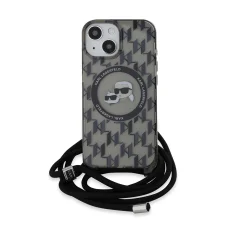  iPhone 15 Fekete Karl Lagerfeld IML Monogram Crossbody K&CH Heads MagSafe tok