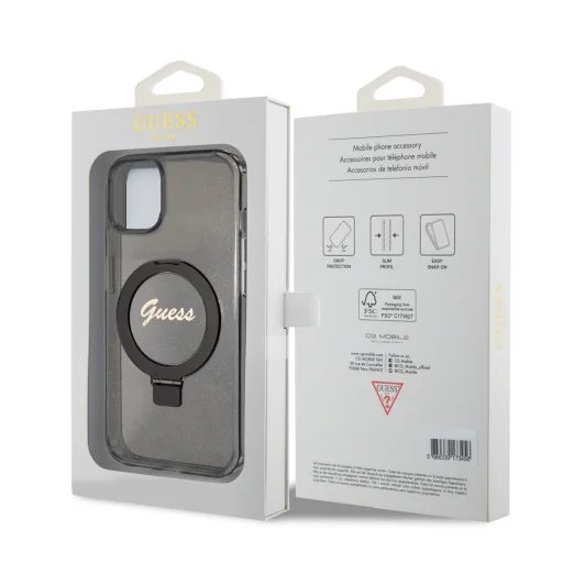 Guess IML Ring Stand Glitter MagSafe tok iPhone 15 Fekete - 7